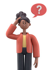 Wall Mural - 3D illustration of thinking african american woman Coco scratching her head and looking at question mark in speech bubble. Cartoon pensive businesswoman scraping hair, feeling doubt or hesitating.