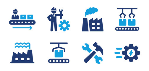manufacturing icon vector set. factory and industry production with automated assembly lines concept