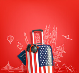 Aufkleber - Travel banner with USA bag and doodle world famous sights. 3d Vector banner with copy space