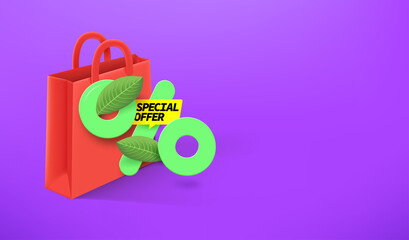 Aufkleber - Season sale banner with leaves and percentage sign. Special offer concept. 3d vector banner with copy space