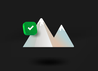 Poster - Mountains with checkmark icon. 3d vector illustration