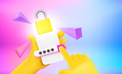 Poster - The thief inputting pincode to unlock the smartphone. 3d vector concept