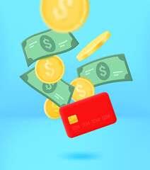 Aufkleber - Credit card, coins and banknotes falling down. 3d vector concept
