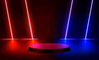 Poster - illuminated interior with neon light and podium. 3d vector illustration