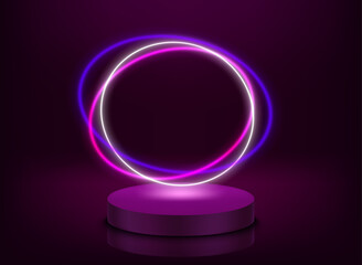 Poster - illuminated violet interior with neon light, portal and podium. 3d vector illustration