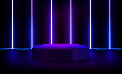 Aufkleber - illuminated interior with violet neon lights and circlr podium. 3d vector illustration