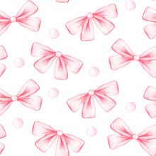 A Pink Ribbon Bow. Seamless Pattern. Watercolor Illustration. Isolated On A White Background.