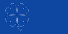 A Large White Outline Four-leaf Clover Symbol On The Left. Designed As Thin White Lines. Vector Illustration On Blue Background