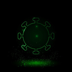 Poster - A large green outline coronavirus symbol on the center. Green Neon style. Neon color with shiny stars. Vector illustration on black background