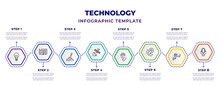 Technology Infographic Design Template With Old Light Bulb, Email Agenda, Big Joystick, Satellite In Orbit, Basic Plug, Hospital Phone, Security Cam, Basic Microphone Icons. Can Be Used For Web,