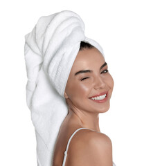 Wall Mural - Beautiful young woman with towel on head against white background