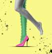 © New Africa - Epilation concept. Young woman with one leg as cactus and other one smooth on yellow background, closeup