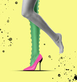 Fototapeta Kawa jest smaczna - Epilation concept. Young woman with one leg as cactus and other one smooth on yellow background, closeup