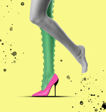 Epilation Concept. Young Woman With One Leg As Cactus And Other One Smooth On Yellow Background, Closeup