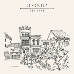 Wall Mural - Vector Songkhla, Thailand postcard. Old town houses street view. Historical buildings in Songkhla province in the South Thailand. Travel sketch. Hand drawn vintage poster