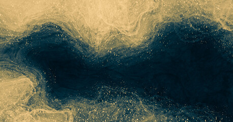 Abstract paint background by deep dark blue and gold splatter color with liquid fluid texture in luxury concept.