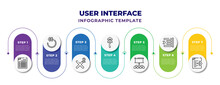 User Interface Infographic Design Template With Document With Tables, Rotate Left, Superscript, Slim Up, Conference Hall, Indent, Export Archive Icons. Can Be Used For Web, Banner, Info Graph.