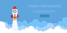 Rocket Flying Over Cloud. Launching Business, Start Up Concept. Flat Style. Vector Illustration