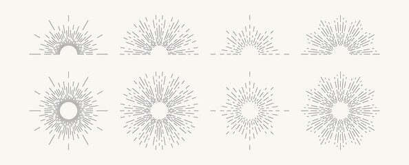 light ray, sunburst set. linear drawing in vintage style. vector eps 10