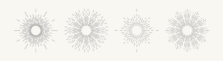 Light ray, sunburst set. Linear drawing in vintage style. Vector EPS 10