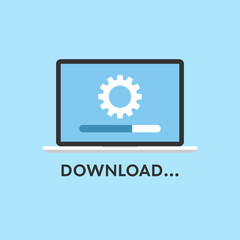 Poster - Download software icon in flat style. System upgrade vector illustration on isolated background. laptop upload process sign business concept.