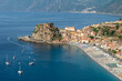 Beach of Scilla in Calabria, panoramic view with Castello Ruffo and townscape