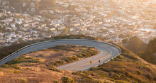 Aerial view over curved road of Twin Peaks, San Francisco.