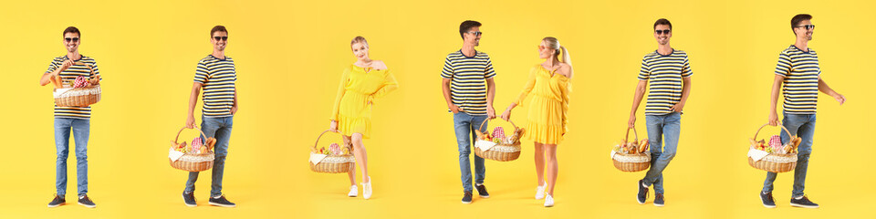 Sticker - Set of people with baskets for picnic on yellow background