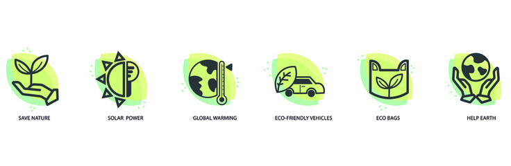 Wall Mural - eco friendly related thin line icon set in minimal style, save nature, solar power , global warming,