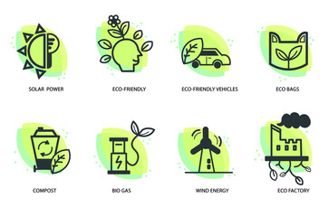 Wall Mural - solar power, eco friendly, eco bags, compost, bio gas, wind energy ecological power concept flat des