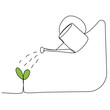 Continuous one line drawing of watering can and a sprout. Concept of gardening. Vector illustration on isolated background