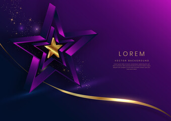 3d golden star with golden ribbon curved on dark blue and purple background. Template luxury premium award design.