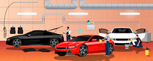 Car Wash Service Station Interior. Carwash In Building. New Cars For Sale. Shiny Luxury Sedan Red, White, Black Colors. Workers Wiping And Drying Automobile. Toned Windows Vehicle. Vector Illustration