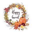 Beautiful fall floral wreath with orange pumpkins, autumn leaves, berries, branches, and a bird. Thanksgiving greeting card design. Invitation template. Holiday decor.