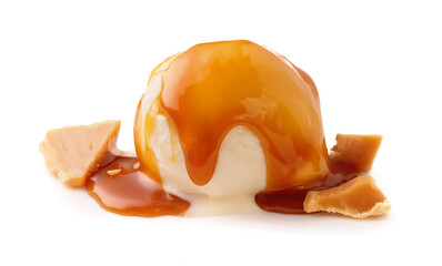 Aufkleber - Ice cream ball with caramel cubes and caramel sauce on white. Ice cream isolated.