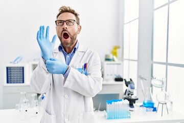 Wall Mural - Middle age man working at scientist laboratory angry and mad screaming frustrated and furious, shouting with anger looking up.