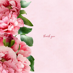 Wall Mural - Floral card with copy space. Pink and red peony on pastel textured grange background. Bouquet of garden flowers.