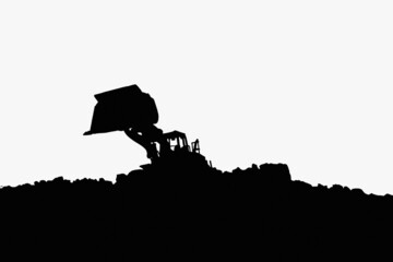 Wall Mural - Wheel loader silhouette are digging soil with bucket lift up in the construction site on white  background