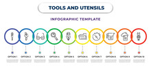 Tools And Utensils Infographic Design Template With Body Thermometer, Key Ring, Reading Eyeglasses, Magnifier, Ink Pen, Tray For Papers, Time Left, Pitcher With Levels, Spanner Tings Button Icons.