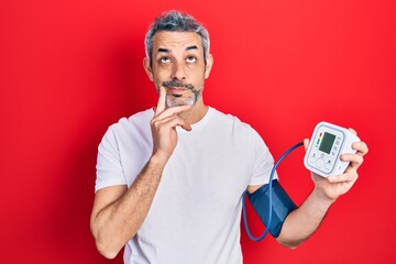 Poster - Handsome middle age man with grey hair using blood pressure monitor serious face thinking about question with hand on chin, thoughtful about confusing idea