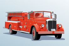 Vintage Red Fire Truck On A Street. Vector Illustration.