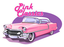 Vintage Car With Pink Advertising Text, A Classic Car From The 60's Vector Illustration
