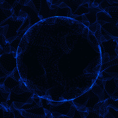 Fototapete - Warp surface with round place for text in the middle. Wave of particles with sphere. Abstract background with a dynamic wave. Big data. 3d rendering.
