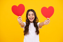 Valentines Day. Dreaming Cute Teen Child With Red Heart. Happy Teenager, Positive And Smiling Emotions Of Teen Girl.