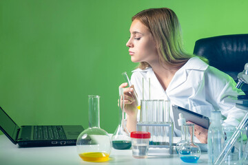 Poster - medical student. young woman in medical laboratory. apprentice medical university. girl student surr