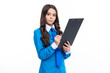 © Olena - Portrait of cheerful young teen girl wearing office uniform holding clipboard on white isolated background.