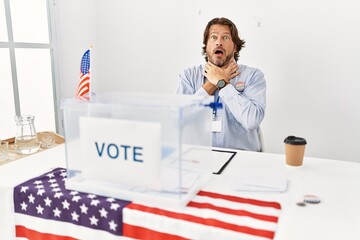 Poster - Handsome middle age man sitting at voting stand shouting and suffocate because painful strangle. health problem. asphyxiate and suicide concept.