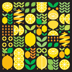 Wall Mural - Abstract artwork of lemon fruit pattern icon. Simple vector art, geometric illustration of yellow citrus symbols, oranges, limes, lemonade and leaves. Minimalist flat modern design, black background.