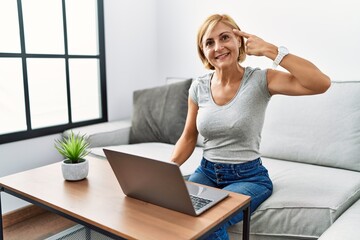 Sticker - Middle age blonde woman using laptop at home smiling pointing to head with one finger, great idea or thought, good memory