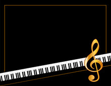 Music Entertainment Event Poster Frame, Piano Keyboard, Golden Treble Clef, Horizontal. Copy Space For Concerts, Performances, Recitals, Events, Announcements, Fliers